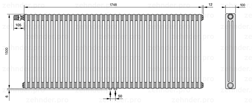 Схема (чертеж) Радиатор Zehnder Charleston 3150/38 №V007 Белый глянцевый RAL 9016